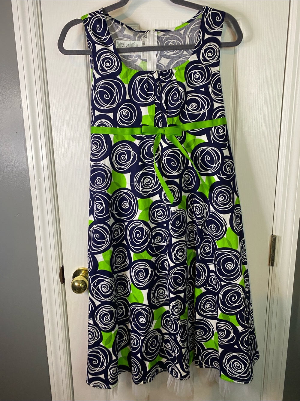 Bonnie Jean Navy and Lime Green Swirl Dress Size 16 1/2 Lace on Kids Dress